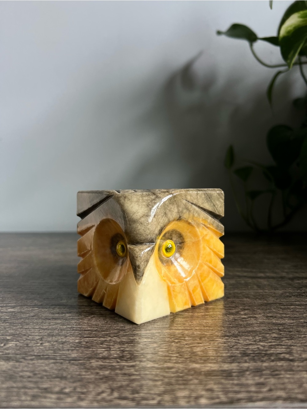 Vintage Hand-carved Alabaster Owl Face Paperweight